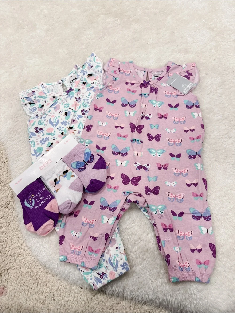 Children’s Place Baby Romper Set with Butterflies & Floral + Matching socks - Picture 2 of 3